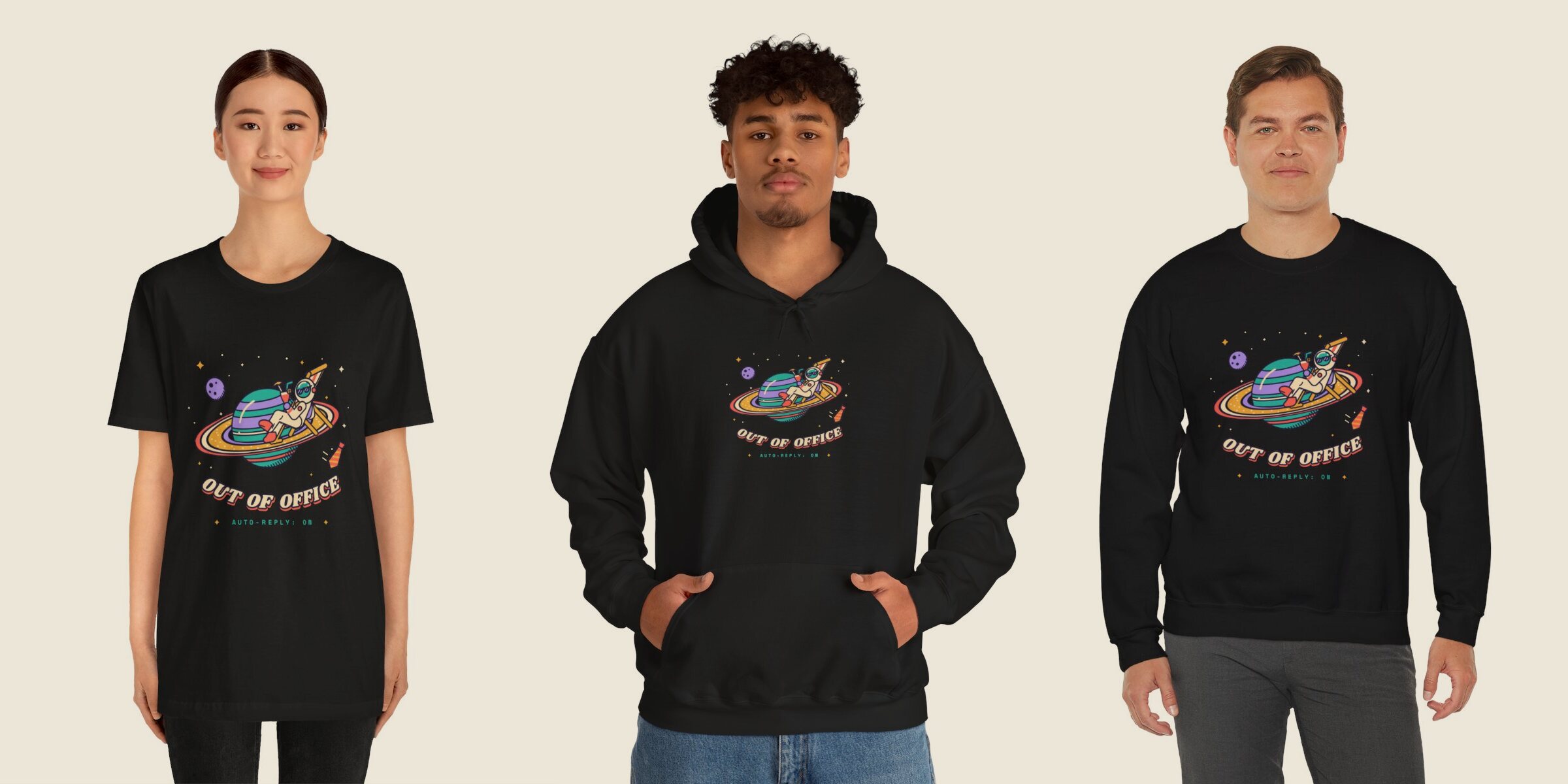 Three people wearing the Out of Office design on a tee, a hoodie and a crewneck